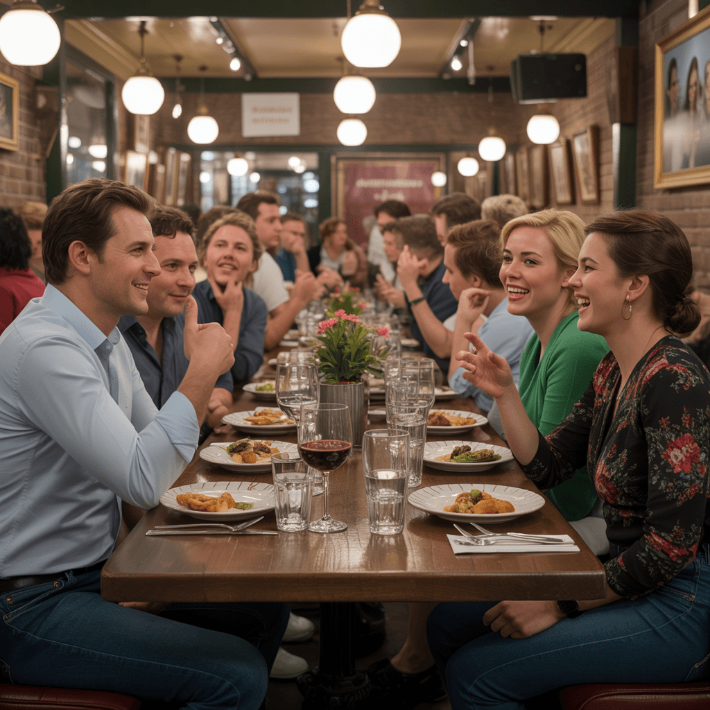 AI generated: hyper photorealistic image of a full table of cheerful customers having conversations in a dutch res...