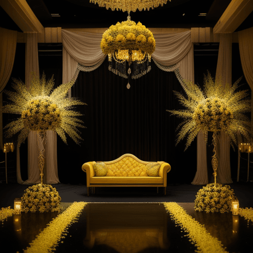 AI generated: Dark ballroom with Arabic theme wedding. blue flowers. neo realism. super details