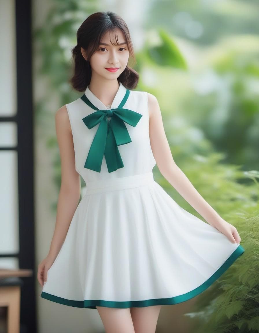 AI generated: Innocence, dark green hair, twintails, Arms behind your back, White dress, black waist tie, A girl, ...