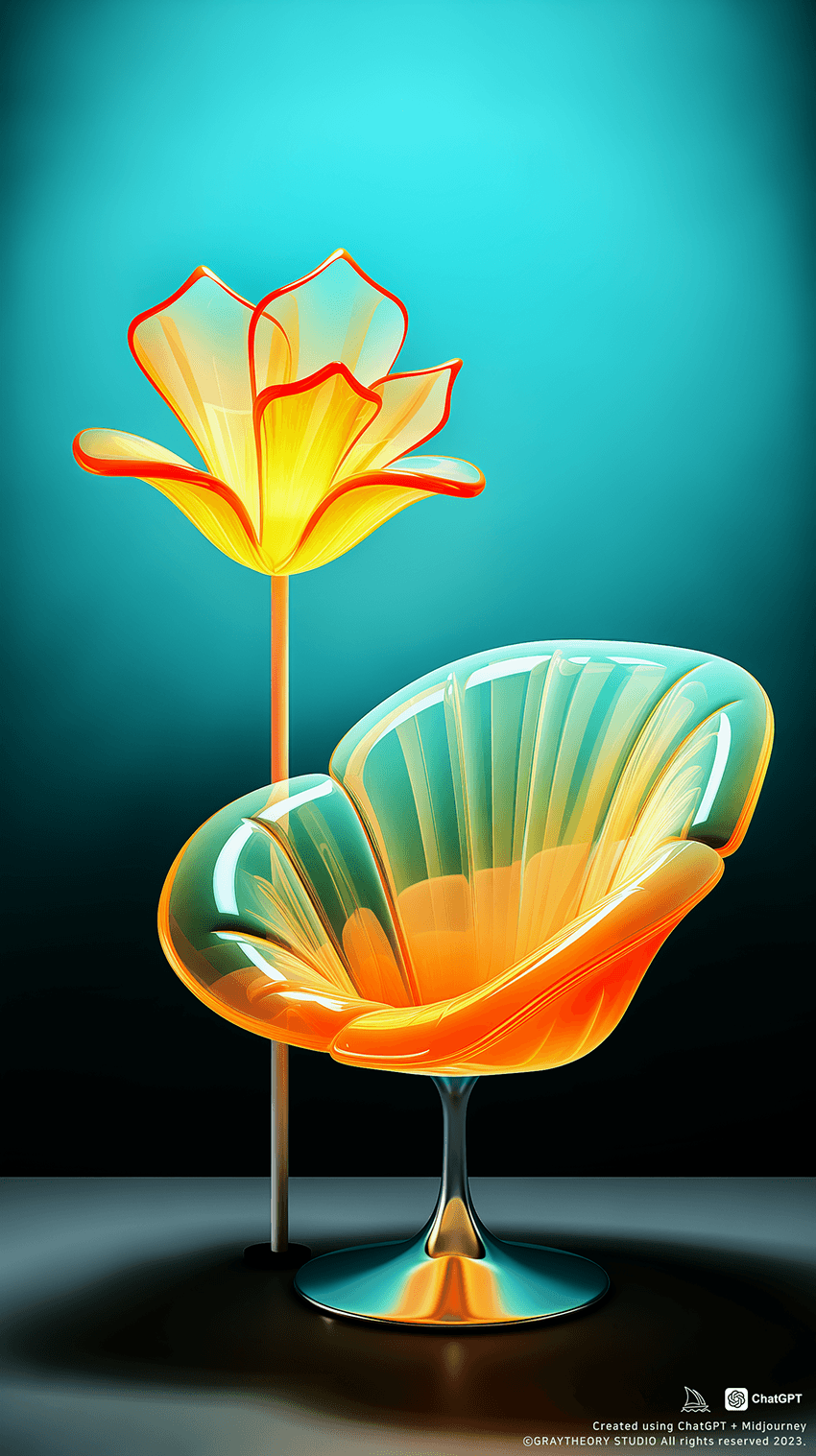 AI generated: chair,table, floor minimalistic lamp, medium lilly in the pot, yello and green colors icon in the st...
