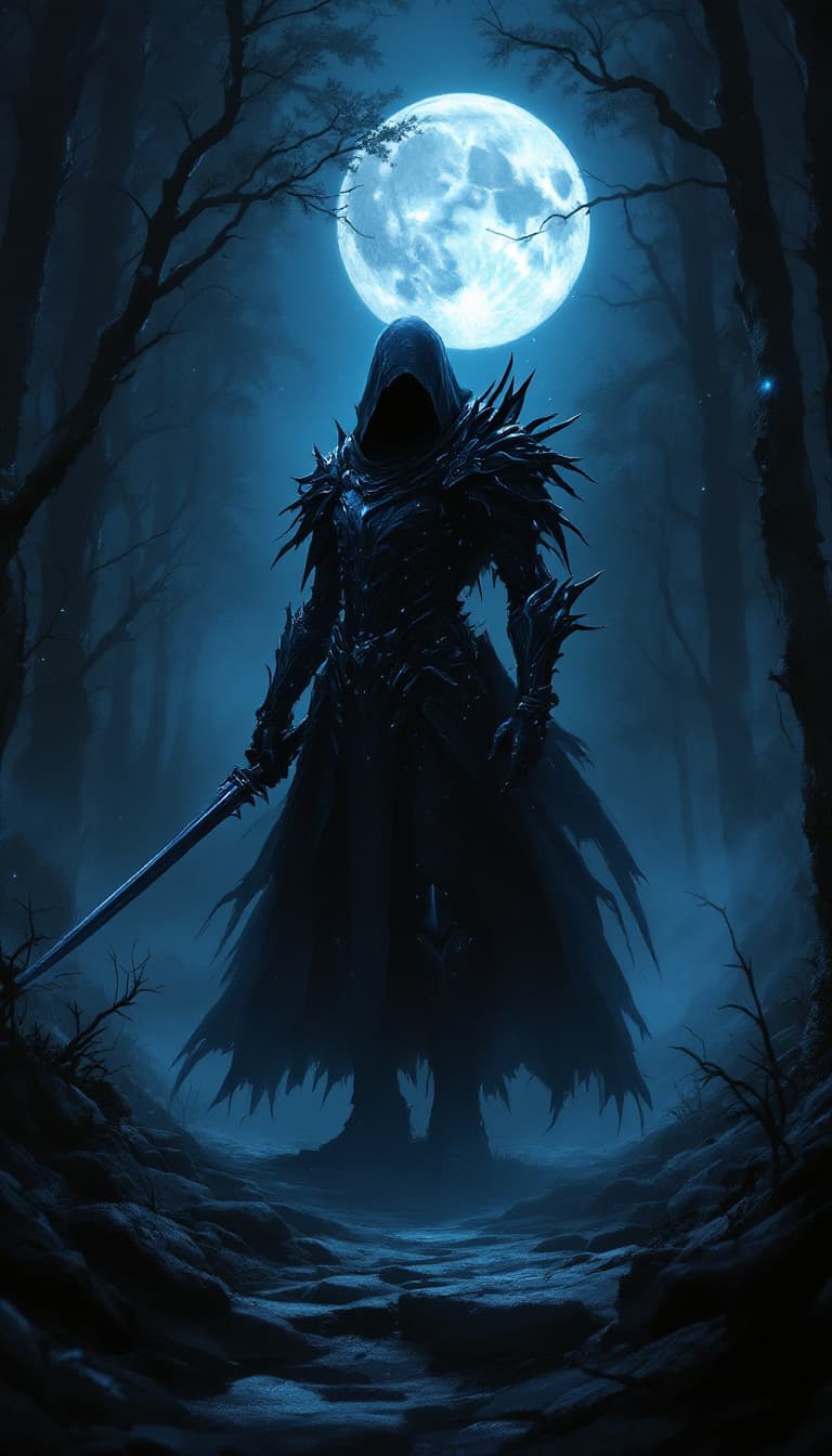 AI generated: An epic digital wallpaper of a shadowy cyborg assassin in midnight armor, lone, no face, complex arm...