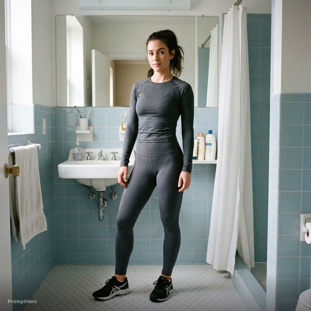 AI generated: ```tight-fitting jogging clothes medium ass and large tits ADDCOMM BREAK in bathroom frontview```