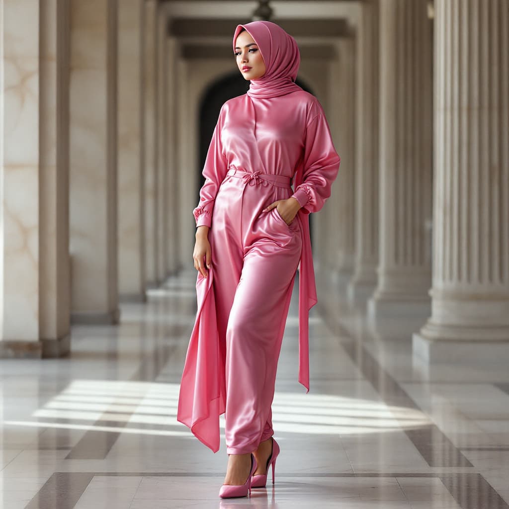 AI generated: curvy indonesian wearing glossy pink 
satin hijabs and high heels
