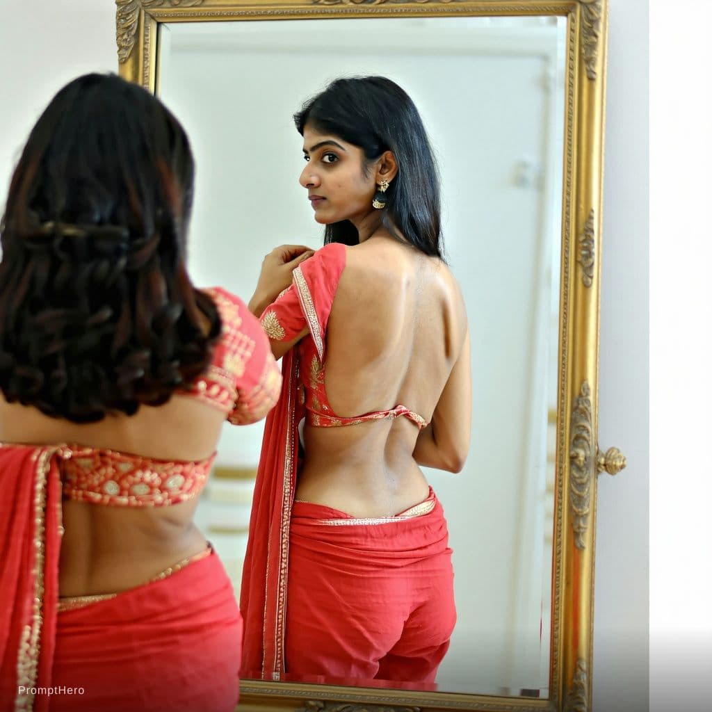 AI generated: Indian woman in red saree standing in front of mirror, adjusting blouse from back, in mirror showing...