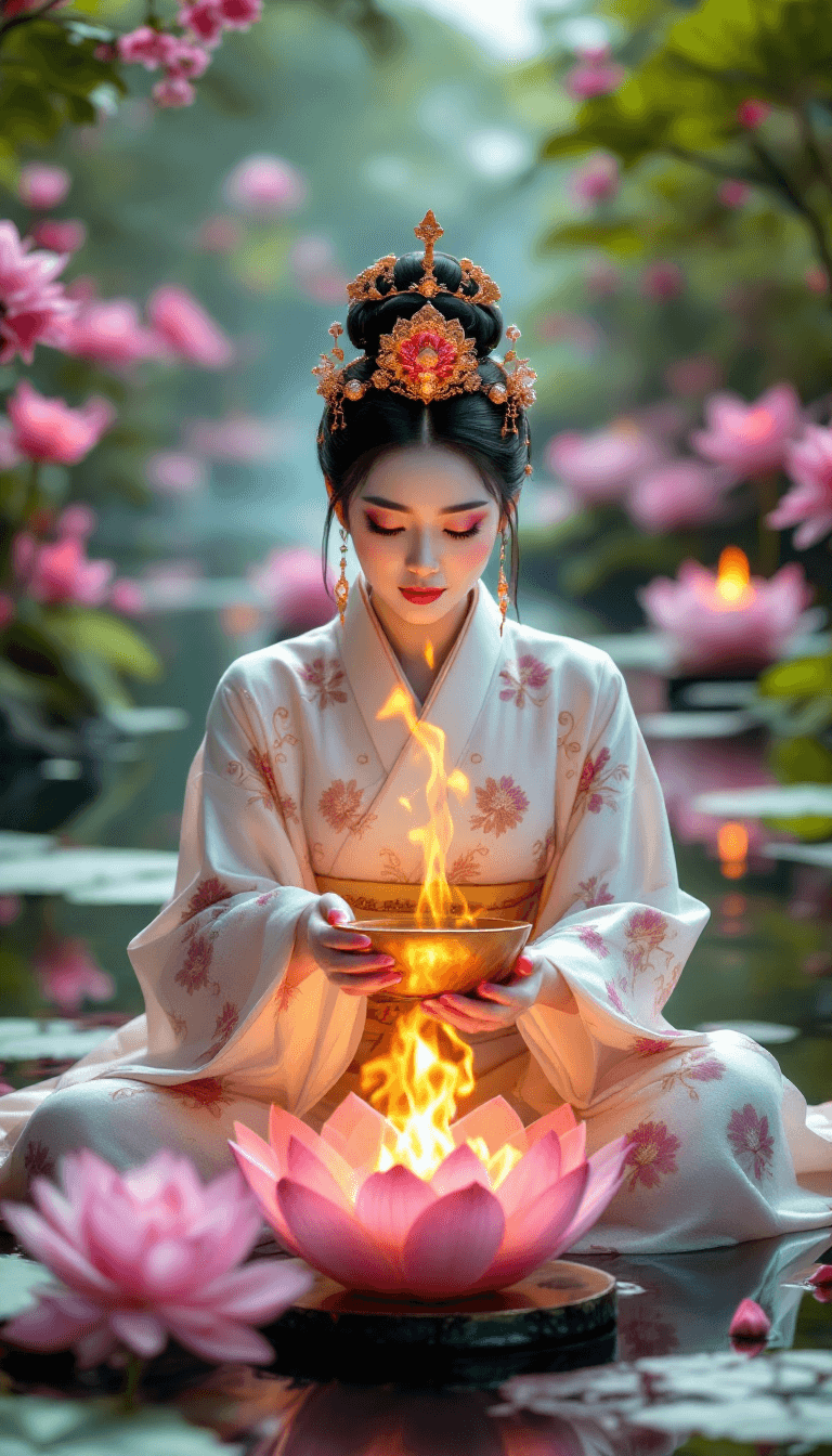 AI generated: Candid closeup photo of an eccentric traditional Japanese lotus queen, placing a lotus shaped bowl o...