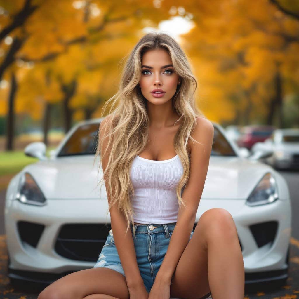 AI generated: female,, visual of elegant female, long blonde hair and large eyes, She is sitting on the a white sp...