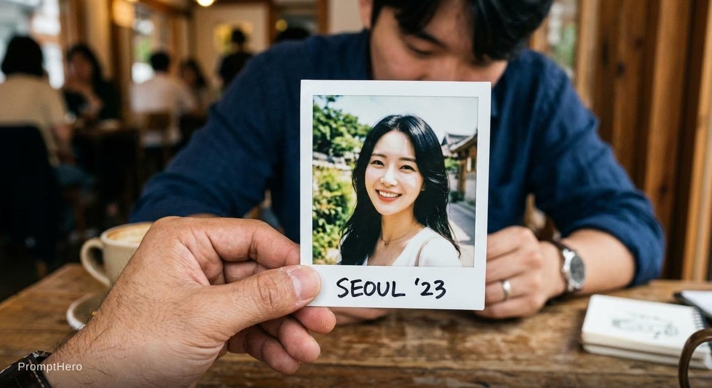 AI generated: A photo of a polaroid picture in the hand of a man that shows a beautiful, smiling Korean woman with...