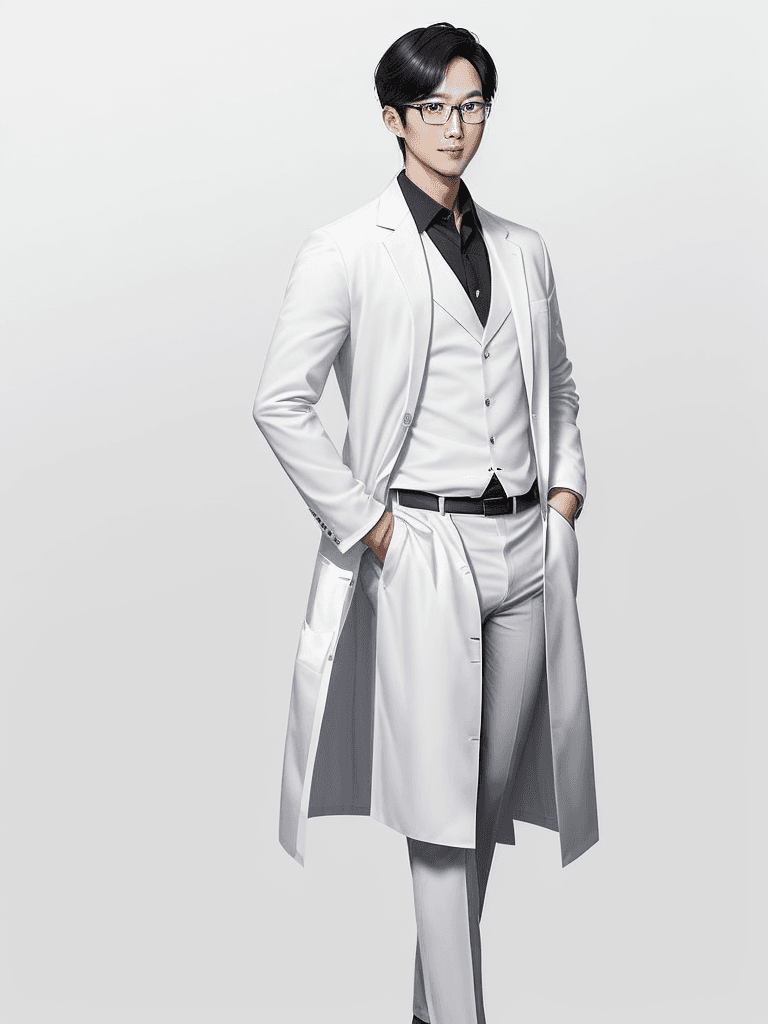 AI generated: Generate an image of a confident and handsome South Korean male researcher wearing a white lab coat,...