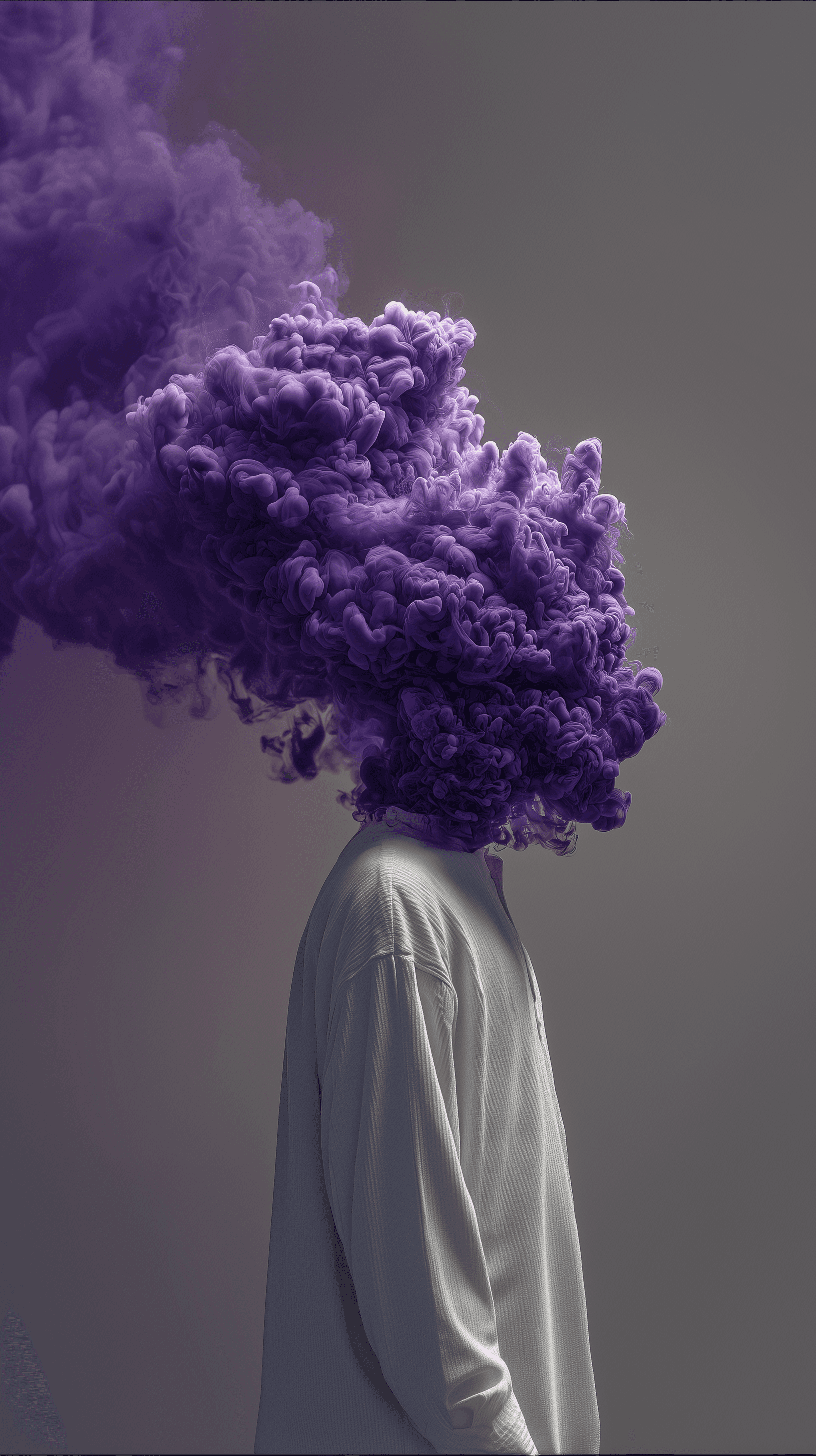 AI generated: photography, unknown gender figure, vibrant deep purple color smoke around head, physical form of ac...