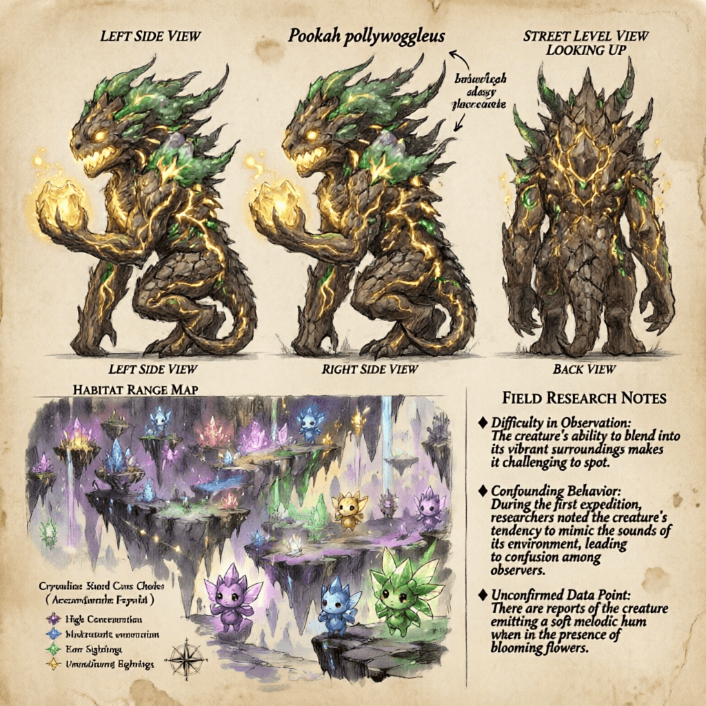 AI generated: A scientific record featuring a large, ancient gnarled Pookah Pollywoggle creature, illustrated in p...