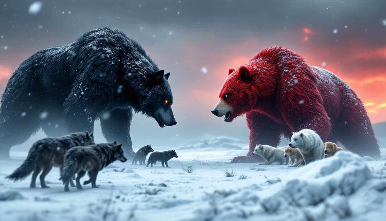 AI generated: "A giant black wolf, with night-dark fur and glowing eyes of absolute determination, stands face to ...