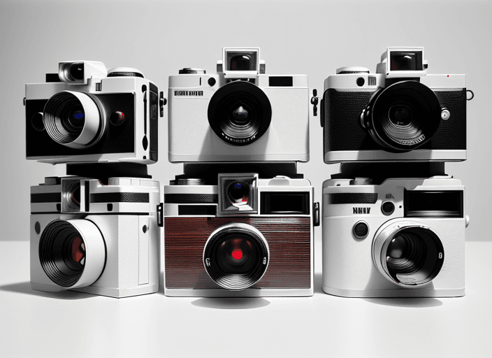 AI generated: Four different cameras, arranged in a line on a white surface, front view, photo realistic, highly d...