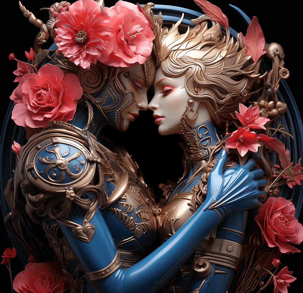 AI generated: a couple hugging and kissing with pink flowers, in the style of cyberpunk futurism, gold and azure, ...