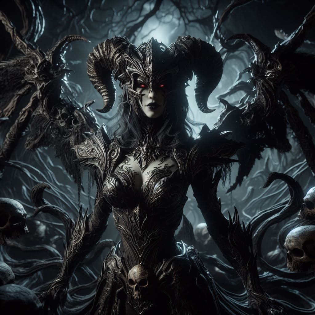 AI generated: In this portrait, Serqet is shown in her Dark Lord skin, standing in a dark and twisted version of t...