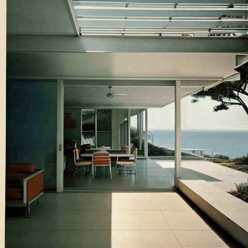 AI generated: Hyper realistic eye level exterior photo of a mid century modern style house overlooking the ocean, ...