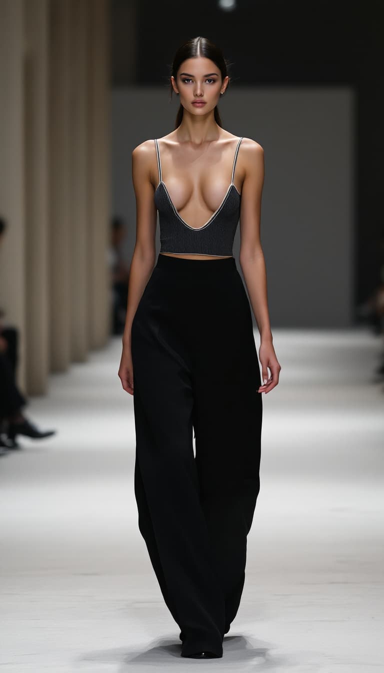 AI generated: 
A high-end fashion model resembling Bella Hadid walks confidently down the runway, wearing a waist-...