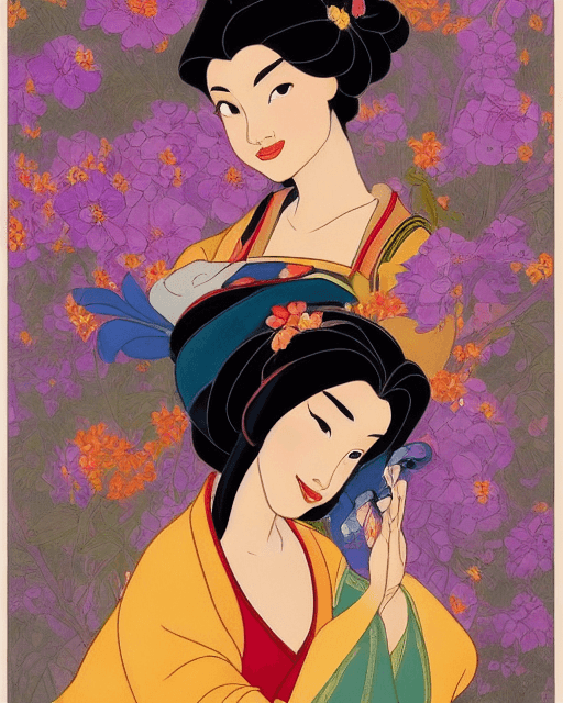 AI generated: Alphonse Muha, an art nouveau - style Disney Princess Mulan painting. It should be full of details a...