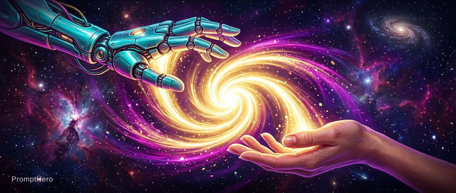 AI generated: 2 Hands. Hand 1: Robot hand, colour turquois metal, relaxed open, palm downward. Hand 2: Human, fema...