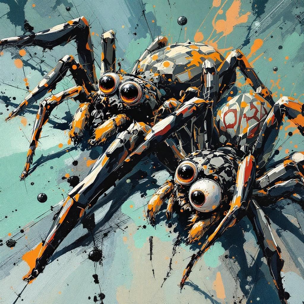 AI generated: Two spiders with big eyes, impasto technique, low angle, detailed eyes, gray teal and black accents,...