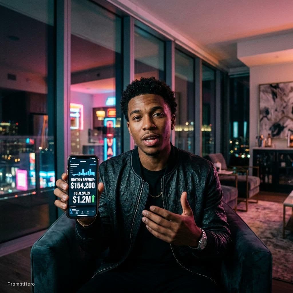 AI generated: A young successful millionaire explaining how he built his online business, modern penthouse, night ...