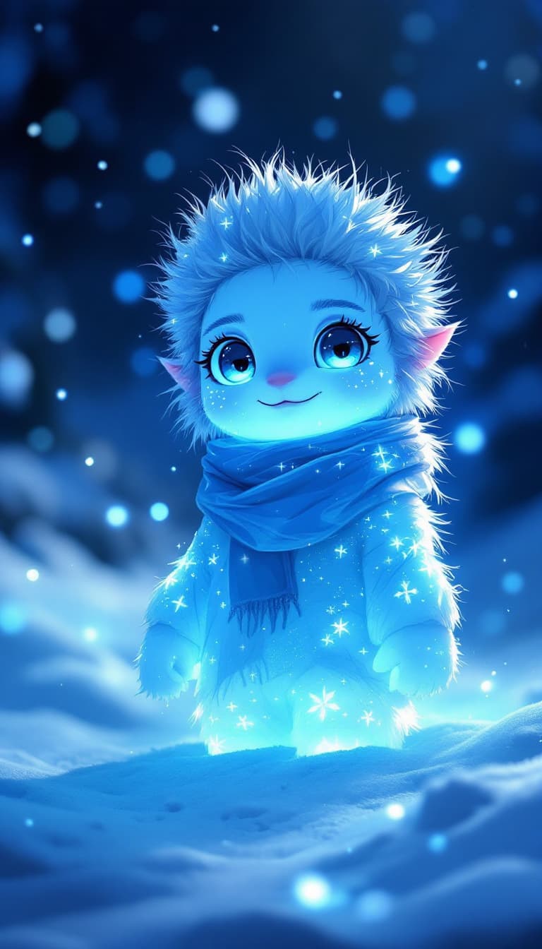 AI generated: super cute Bioluminescent snow nomad character concept, soft light, soft mood, realistic body featur...