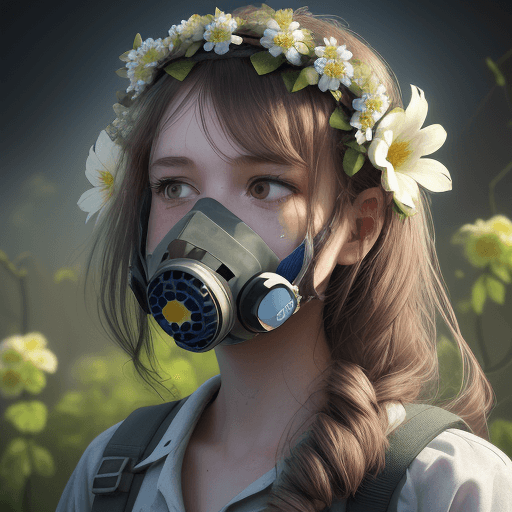 AI generated: 1 girl, respirator on face, flowers grow from girl's mouth, flowers wrap around hair, flower crown, ...
