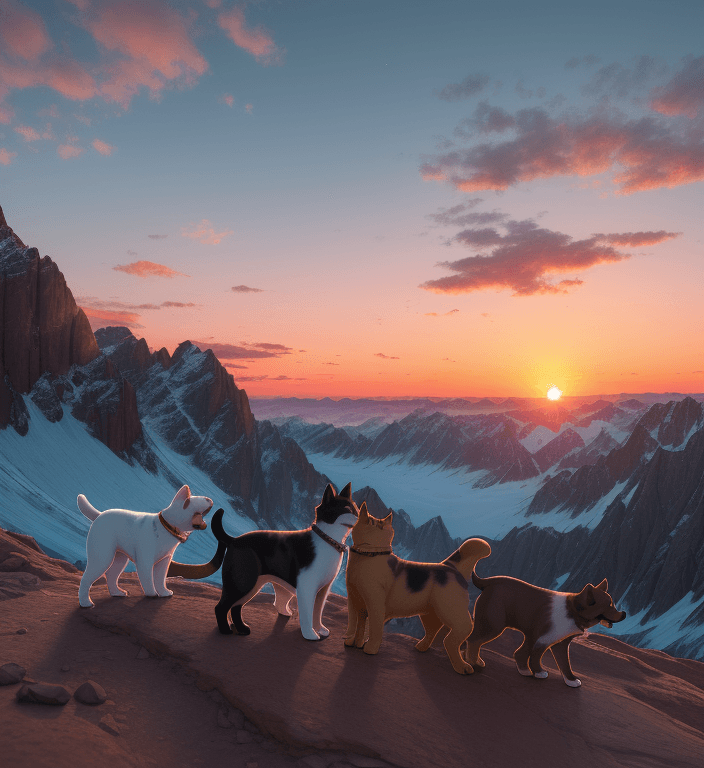 AI generated: 
As the sun sets over the horizon, a playful puppy and a curious cat lead their group of close frien...