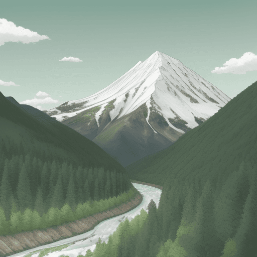 AI generated: Mountain with white cloud flow in the middle, green trees on the mountain. Bottom a river pass by. S...