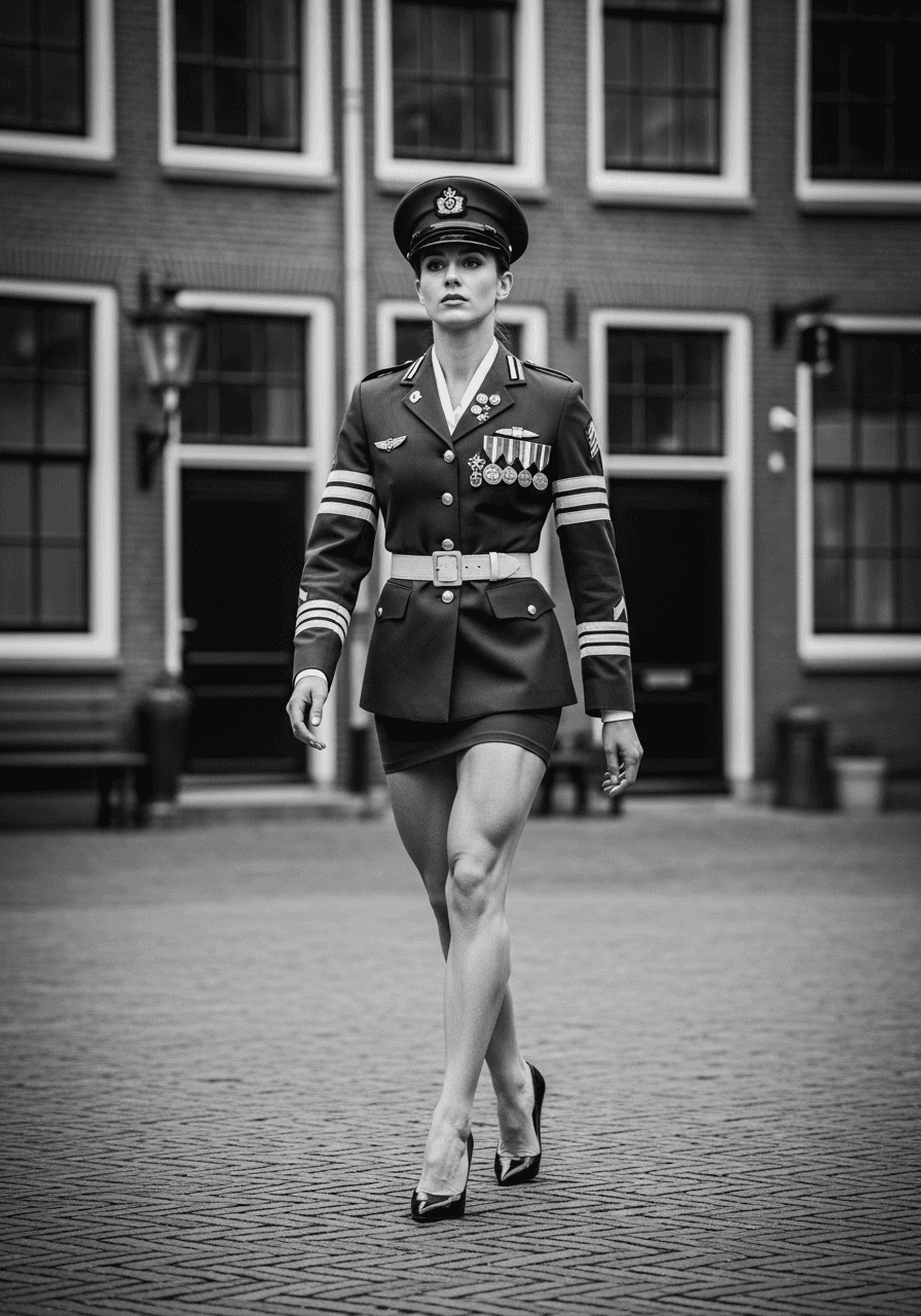 AI generated: Handsome fit militairy office walks the street in heels
