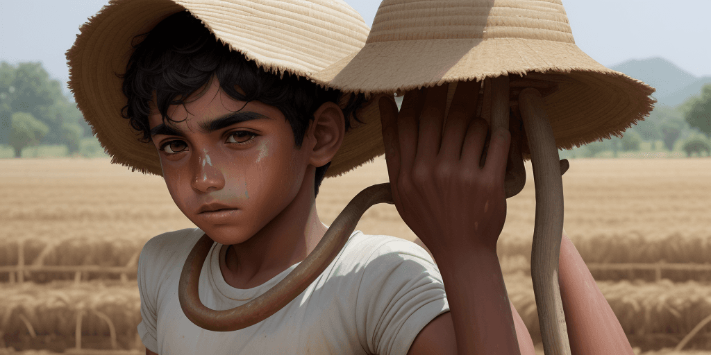 AI generated: Younger Ram working in the fields, sweating under the hot sun. ram is a young boy
