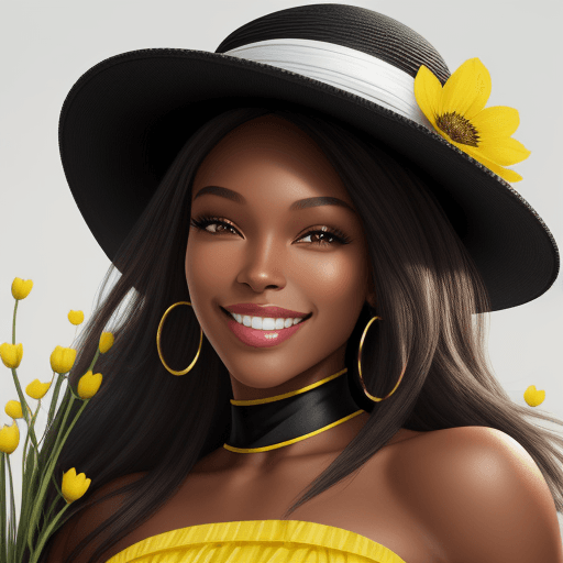 AI generated: Hyper realistic, black super female model smiling with a hat made with spring colored flowers 