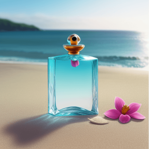 AI generated: perfume bottle on a beach with exotic flowers