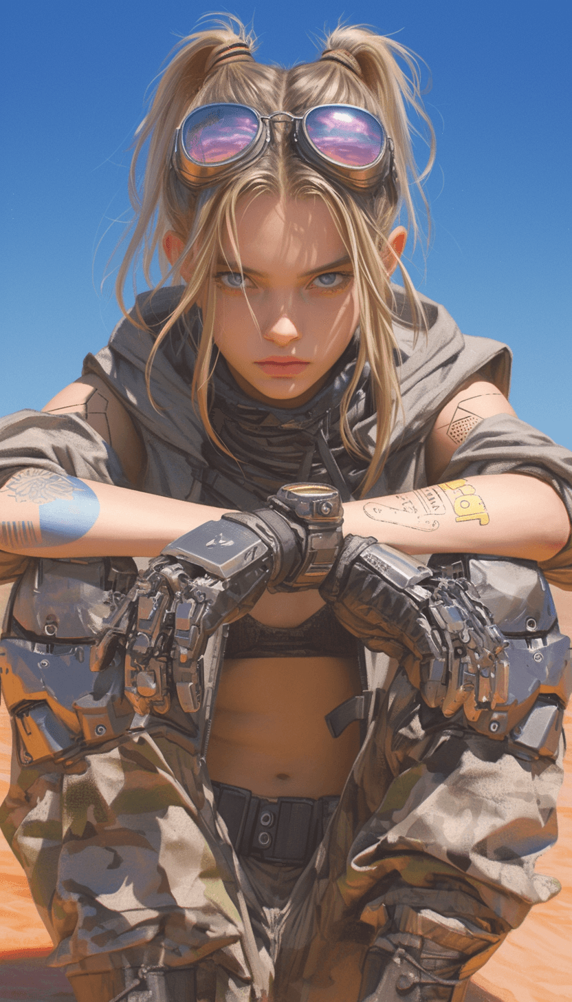 AI generated: female character wearing goggles while sitting in the desert, in the style of cyberpunk imagery, rea...