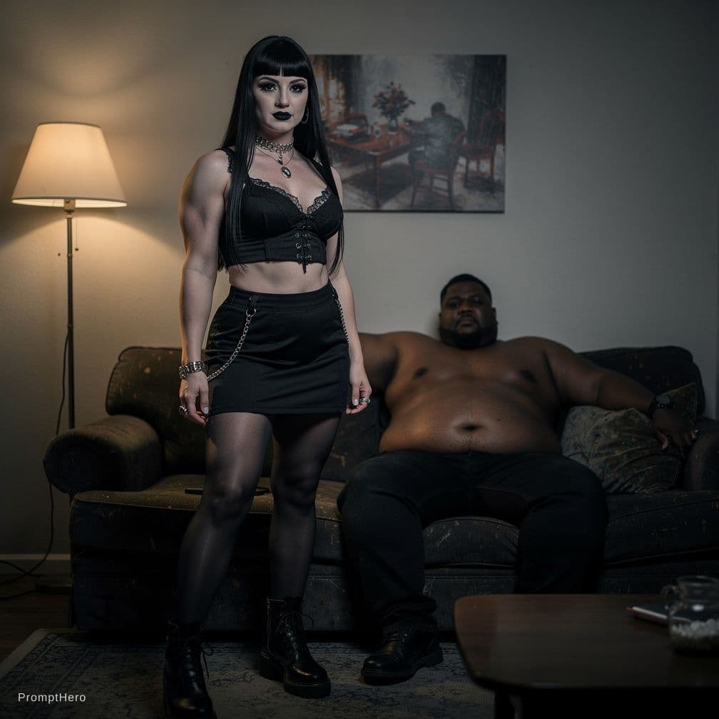 AI generated: Realistic fit Goth girl with huge breasts and thighs next to a fat black man sitting on a couch in a...