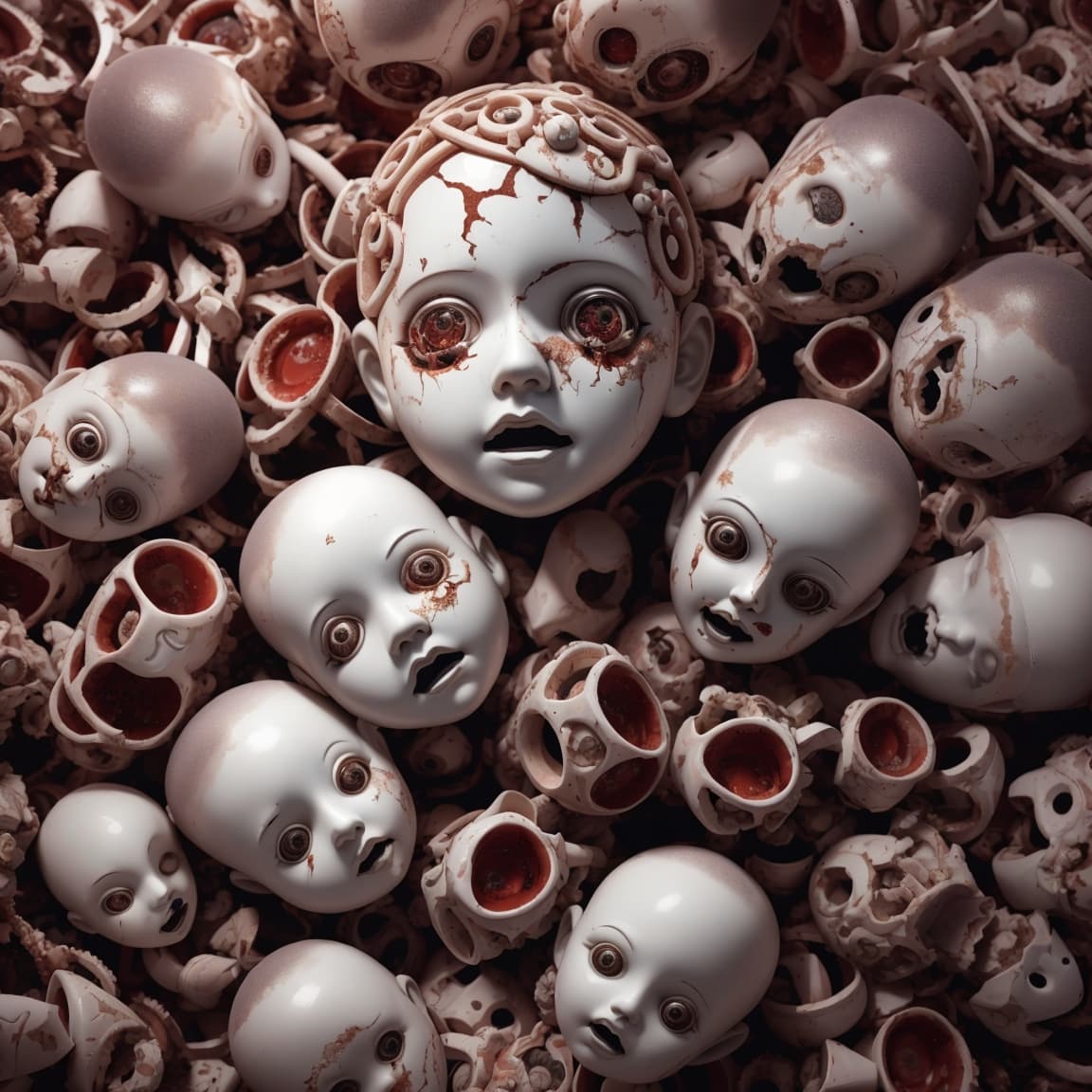 AI generated: photo of a pile of nanoscopic scary babydoll heads and severed body parts creatures, packed tightly,...