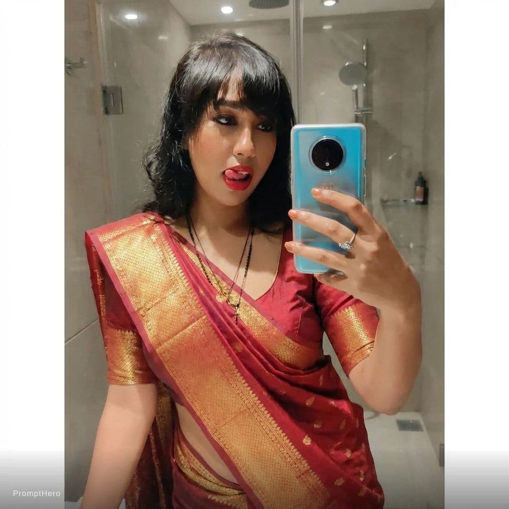 AI generated: Girl taking a mirror selfie, wearing saree.