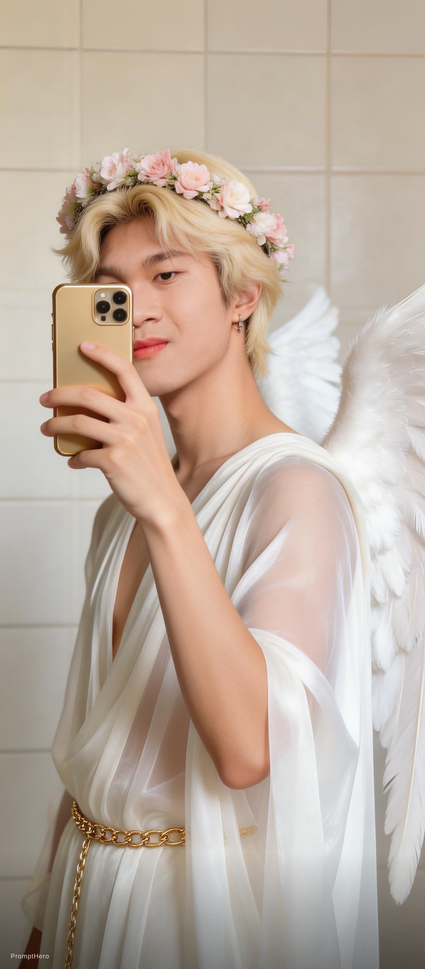 AI generated: A slender young man with pale skin and a soft, delicate physique.
Hair & Headwear: Short, wavy blond...