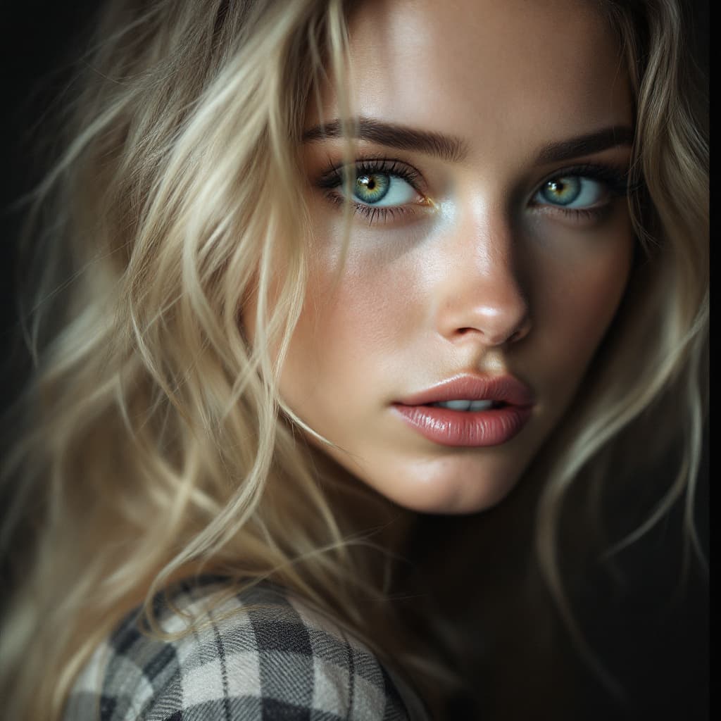 AI generated: photo featuring a girl model, blondy color hair, 300mm f/5. 8, light silver and white, optical, soft...