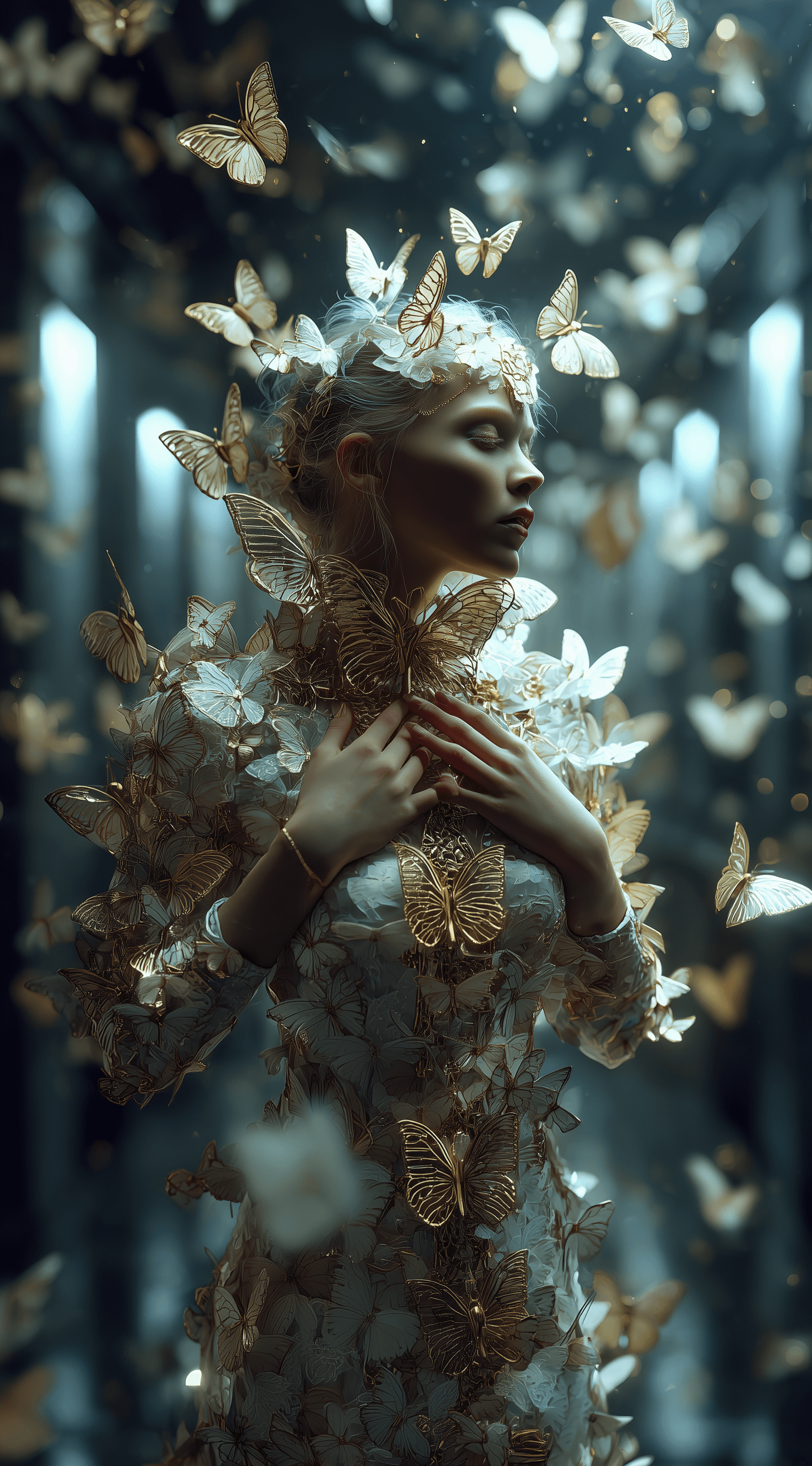 AI generated: A beautiful woman in an elegant dress made of butterflies, with a white and gold color scheme, a sym...