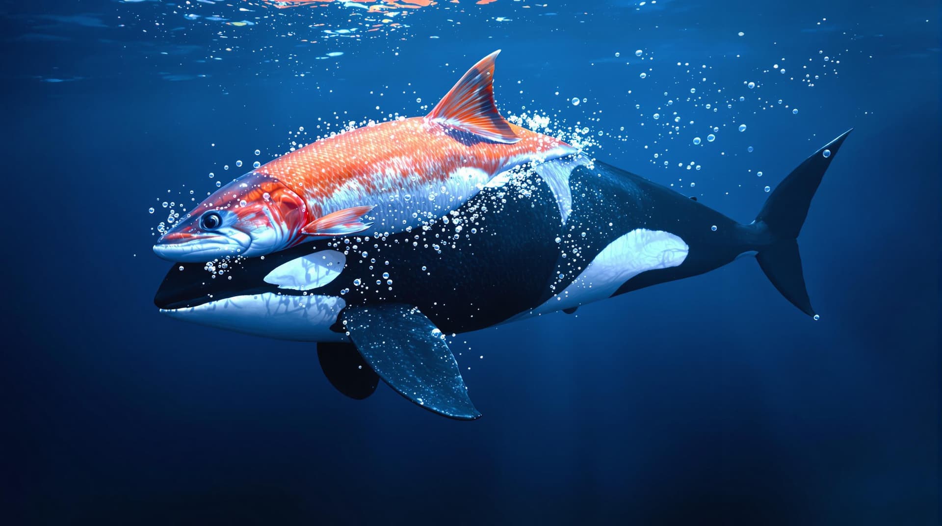 AI generated: A highly realistic Orca swimming in the ocean, wearing a Salmon fish on its head