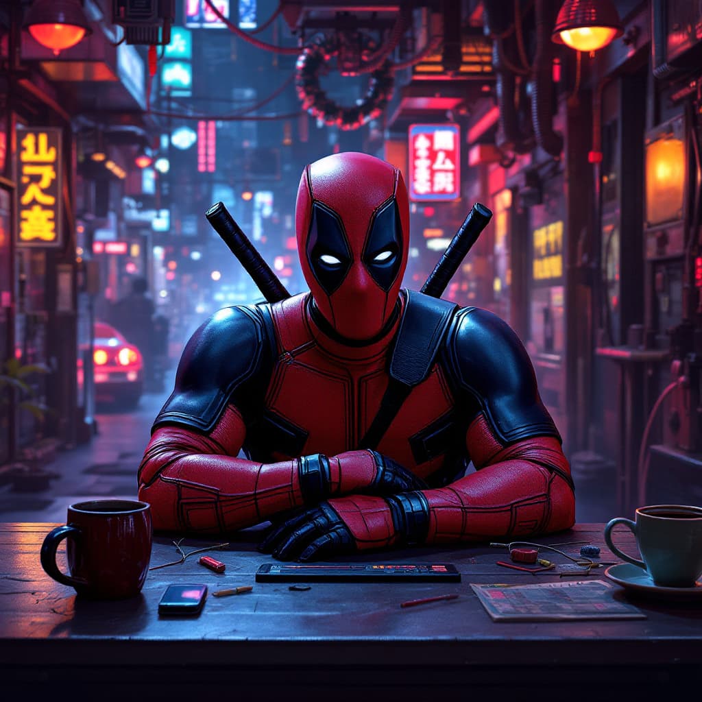 AI generated: Deadpool sitting at a table in a cyberpunk world