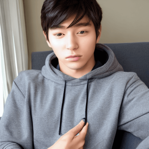 AI generated: 1 young, beautiful young Korean male sitting on sofa, ( Cute straight loose hair ), ( wearing a hood...
