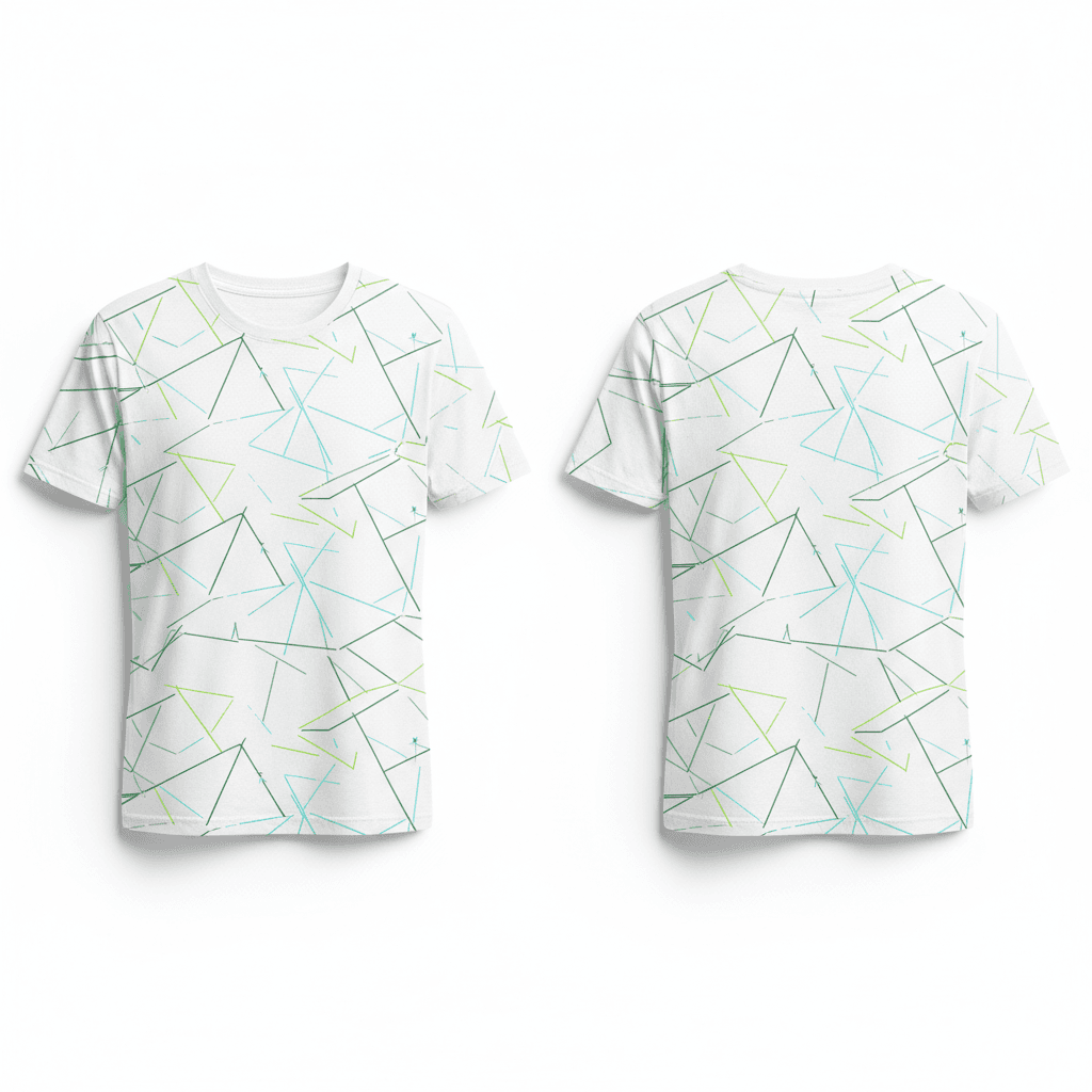 AI generated: 
back and front t shirt mock up ,subtle geometric lines and shapes, mostly green with thin white/bl...