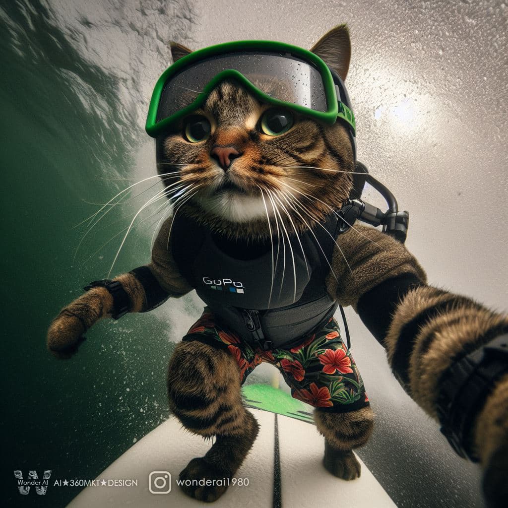 AI generated: Extreme sports, GoPro filming, a real cat dressed in surfing attire including, floral beach shorts, ...