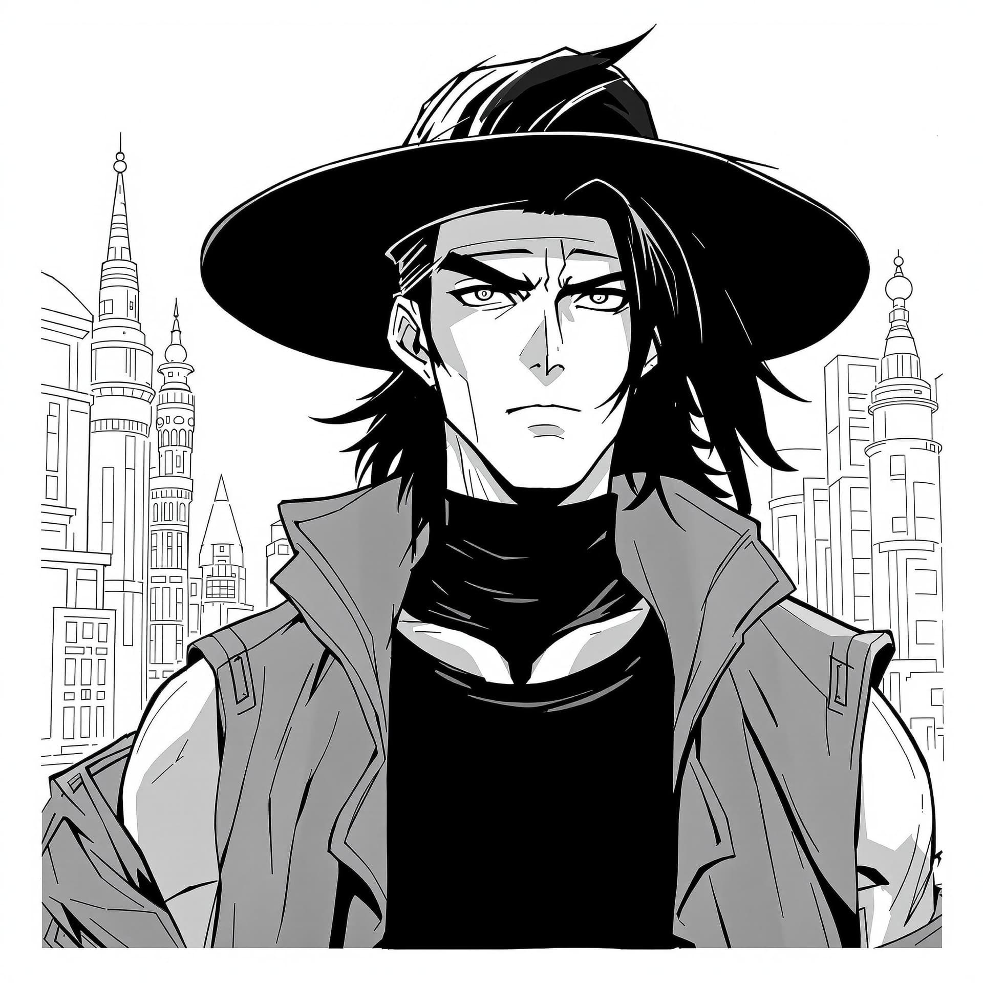 AI generated: Black and white anime-style illustration featuring an adult male character with a serious expression...