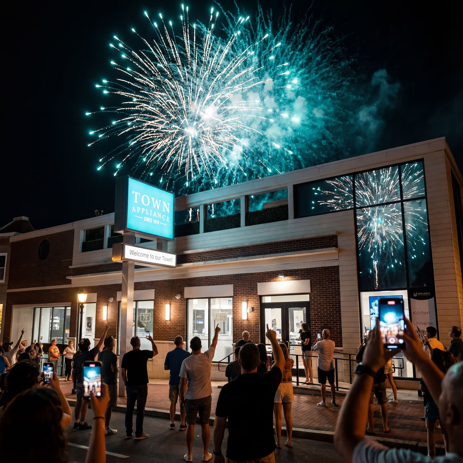 AI generated: make it into a night scene. People gathered around the building are pointing finger in the sky and s...