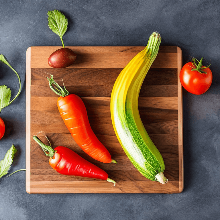 AI generated: photorealistic oil on canvas,
food on a fancy wooden cutting board,
tomatoes, zucchini, carrots,
8K,...
