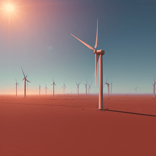 AI generated: High resolution photo, solar panels, desert, wind turbines, houses, red sun, light blue sky, low ang...