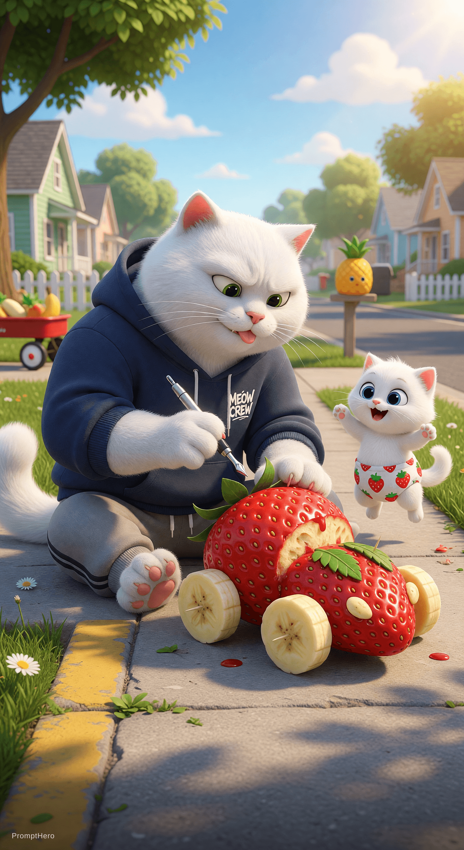 AI generated: A professional 3D Pixar-style animation shot. A massive, muscular white cat with a strong jawline, w...