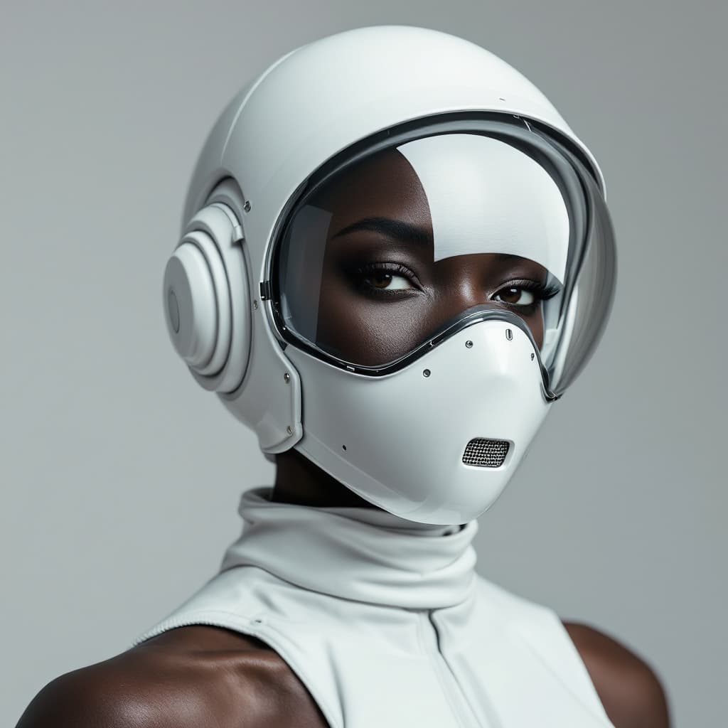 AI generated: high resolution photography, portrait of a BLACK female model, wearing a futuristic white and helmet...
